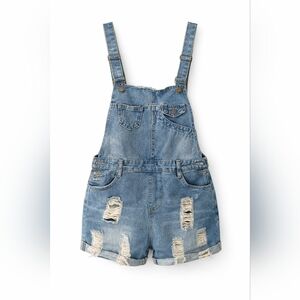 Women’s Distressed Denim Short Overalls – Size Small (Approx. Size 2P)